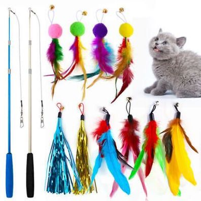 12x Kitten Cat Feather Toys Bell Wand Teaser Rod Interactive Play Pet Toys Gift0