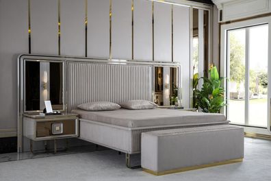 Schlafzimmer Set Weiß Bett Holz 2x Nachttische Modern Hocker Neu 4tlg.