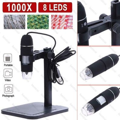 1000* 2MP 8LED Digitalmikroskop USB Microskope Lupe Fach PC HD Kamera + Lift Stand