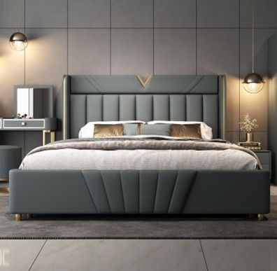 Schlafzimmer Graues Bett Designer Möbel Luxus Materialien Holzgestell