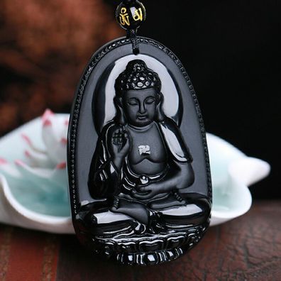 Obsidian geschnitzte Buddha Anhänger Halskette Unisex Lucky Amulet Neu Schwarze