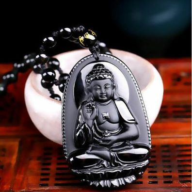 Neu Schwarze Obsidian geschnitzte Buddha Anhänger Halskette Unisex Lucky Amulet