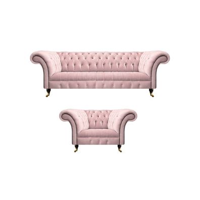 Chesterfield Rosa Komplett 2tlg Dreisitze Sofa Luxus Sessel Polstermöbel