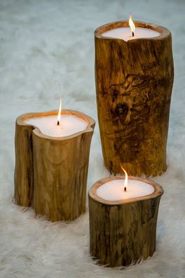 3er Set Baum-Kerzen aus Holz