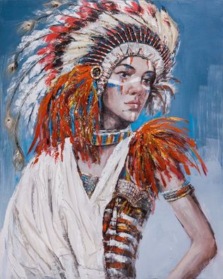 Wandbild Frau mit Indianer-Kopfschmuck 2 120 x 150 cm Acrylfarbe