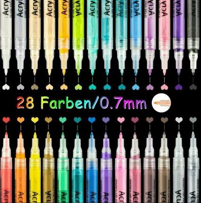 28 Farben 0.7mm Spitze Acrylstifte Marker Acrylfarben Wasserfeste Stifte Set