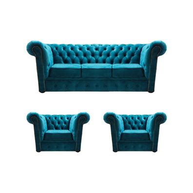 Chesterfield Wohnzimmer Blau Sofagarnitur Polster Textil Komplett 3tlg 3 + 1 + 1