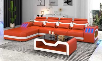 Sofa Ecksofa Ledersofa L Form Couch Sofas Orange Luxus Eckgarnitur LED