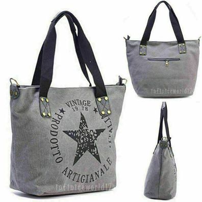Damen Jeans Tasche Canvas Shopper Stern Handtasche Citybag Vintage DE