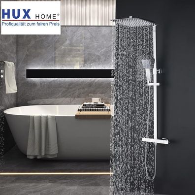 Hux Home Duschsystem mit Thermostat, Kopf- , Handbrause & Verstellbarer Duschstange
