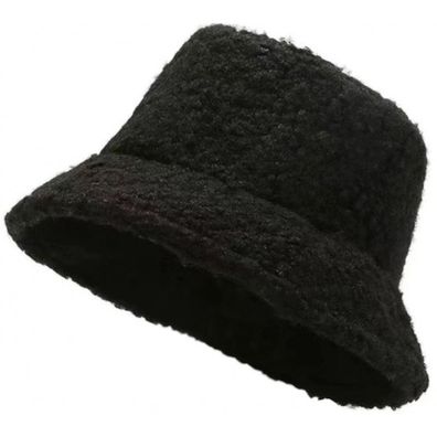 Schwarze Lammwolle Hut - Frauen Teddy Fell Hüte Fischerhüte Eimerhüte Bucket Hats