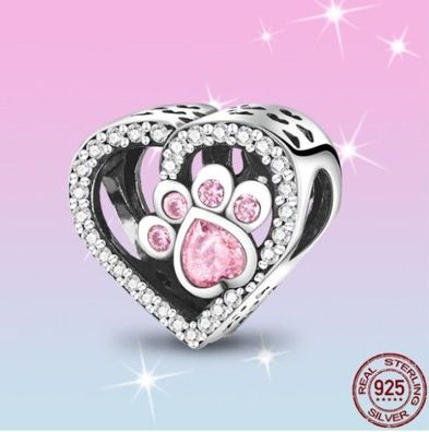 Charms Anhänger Charm kompatibel für Pandora 925 Sterling Silber Herz mit Hundepfote