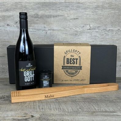 Geschenkpaket "Grillgott", personalisierte Grillzange und Weinflasche Grillgott