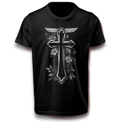 Glaubenskreuz mit Blumen Kreuz Jesu Jesus Christus Religion T-Shirt Baumwolle