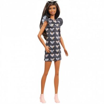 Mattel - Barbie Long Brunette Hair Wearing Mouse-Print Dress, Pink Booti...