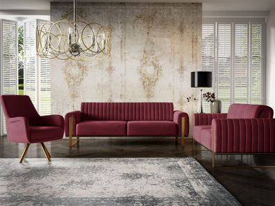 Sofaset Designersofas Valerie 3-2-1 in Stoff Stoff Elisa Velvet Bordeauxrot