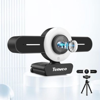 Tenveo T1 HD 1080P Webcam, Kamera, integrierte 2 Mikrofone, Ringlichter, (Schwarz)