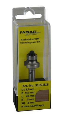 FAMAG HM-Abrundfräser D22,7 B9,5 R5 GL 42 mm SØ8 mm mit Anlauflager D12,7 mm