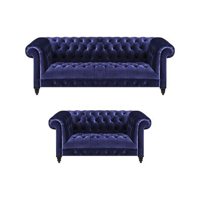 Chesterfield Design Luxus Polster Blau 2x Sofas Couch Sitz Garnitur Wohnzimmer