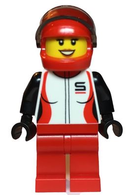 LEGO® Race Car Driver, Female, Red and White Racing Jacket, Red Minifigur - D155