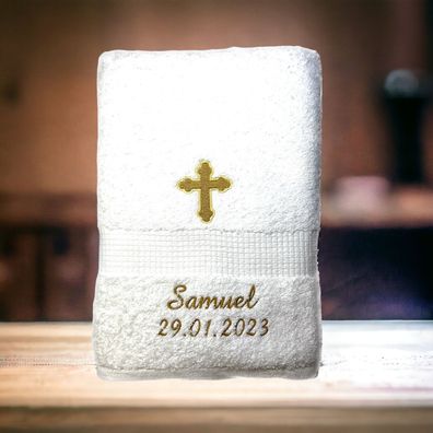 Kreuz Handtuch mit Name und Datum, Sauna, Wellness, Duschtuch, Taufe