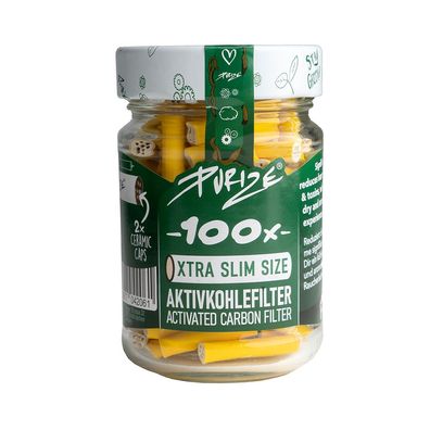 PURIZE Xtra Slim Size Aktivkohlefilter 100 Stück im Glas 6 mm gelb
