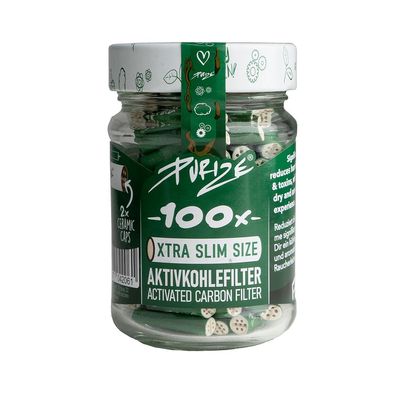 PURIZE Xtra Slim Size Aktivkohlefilter 100 Stück im Glas 6 mm grün