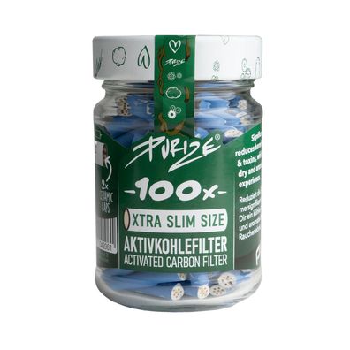 PURIZE Xtra Slim Size Aktivkohlefilter 100 Stück im Glas 6 mm blau