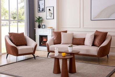 Braun-Beige Wohnzimmer Sofagarnitur Designer Dreisitzer Luxus Sessel