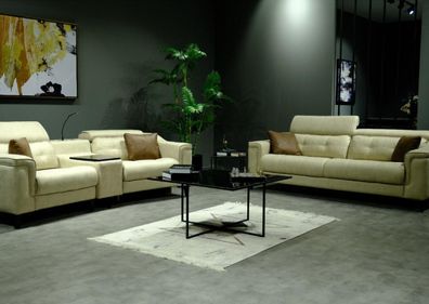Beige Leder Sofagarnitur Designer 3-Sitzer Zweisitzer Couch 2tlg Set