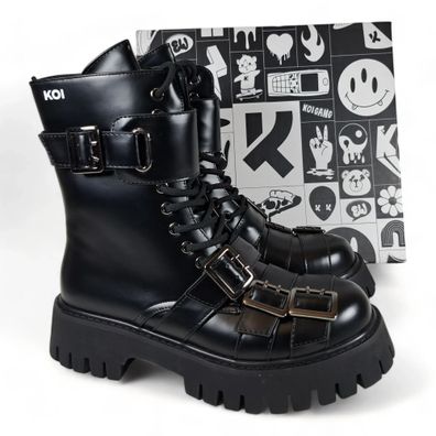 Koi Footwear Boots Stiefelette Steam Punk Schnalle Chunky Schwarz Gr. 39 NEU