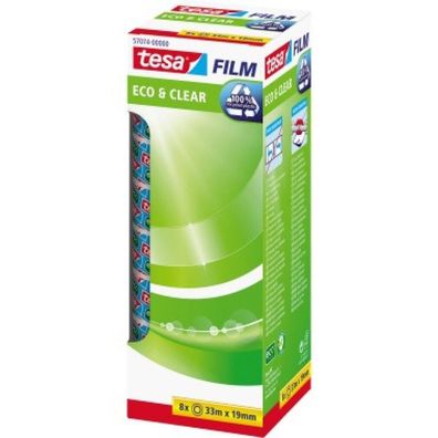 tesafilm eco & clear, 8 Rollen, 19mm, Office Box (transparent, 33 Meter pro Rolle)