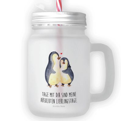 Mr. & Mrs. Panda Trinkglas Mason Jar Pinguin umarmen mit Spruch