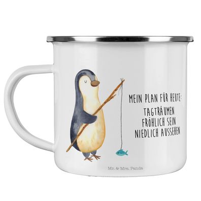 Mr. & Mrs. Panda Camping Emaille Tasse Pinguin Angler mit Spruch