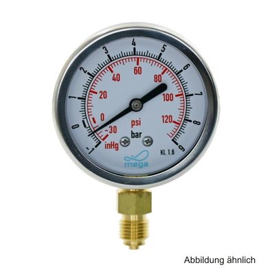 Glyzerinmanometer, AG, Anschluss 1/4", unten, -1 - 9 bar, Gehäuse 63 mm