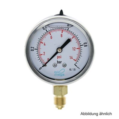 Glyzerinmanometer, AG, Anschluss 1/4", unten, 0 - 1 bar, Gehäuse 63 mm