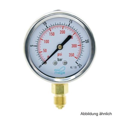Glyzerinmanometer, AG, Anschluss 1/4", unten, 0 - 25 bar, Gehäuse 63 mm