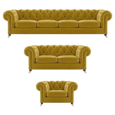 Luxus Gelb Komplett 4 + 2 + 1 Wohnzimmer Sessel Chesterfield Textil Polstermöbel