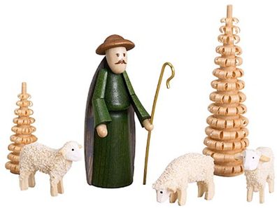 Miniaturfiguren Schäfer mit Schafen und Bäumen bunt Höhe 6,5cm NEU Weihnachten C