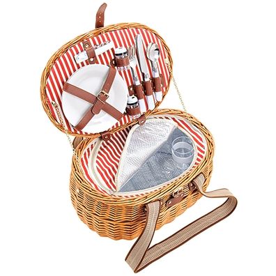 Woma Weide Picknickkorb mit Geschirr - 45x34 cm - Trage Flecht Korb Kühl Tasche