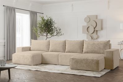 Wohnlandschaft U-Form Sofa Estelle mit Schlaffunktion in Stoff Abriamo Beige