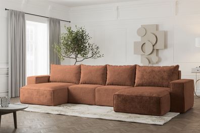 Wohnlandschaft U-Form Sofa Estelle in Stoff Abriamo Rostbraun