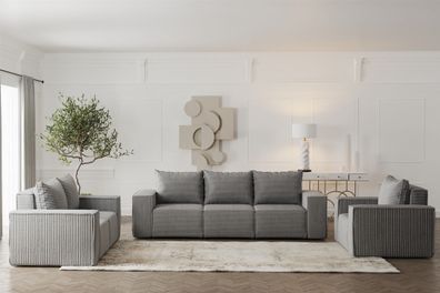 Sofaset Designersofa Estelle 3-2-1 mit Schlaffunktion in Stoff Poso Grau