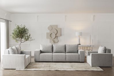 Sofaset Designersofa Estelle 3-2-1 mit Schlaffunktion in Stoff Poso Hellgrau