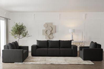 Sofaset Designersofa Estelle 3-2-1 mit Schlaffunktion in Stoff Poso Schwarz
