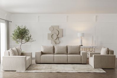 Sofaset Designersofa Estelle 3-2-1 mit Schlaffunktion in Stoff Poso Beige