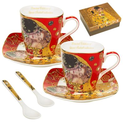 Kaffe & Tee Becher Tasse Pott Porzellan Set Untertasse Löffel Kuss Klimt 2x80ml