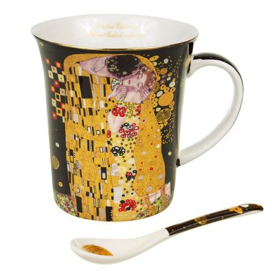 Kaffe & Tee Becher Tasse Pott Porzellan Set Löffel Geschenkidee Kuss Klimt 300ml
