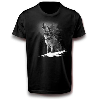 Wolf realistisches heulendes Tier Raubtier Wolfstier Wald T-Shirt 122 - 3XL Baumwolle