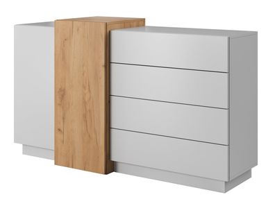 FURNIX Sideboard GLANCI mit 2 Türen und 4 Schubladen Weiß-Goldene Craft Eiche